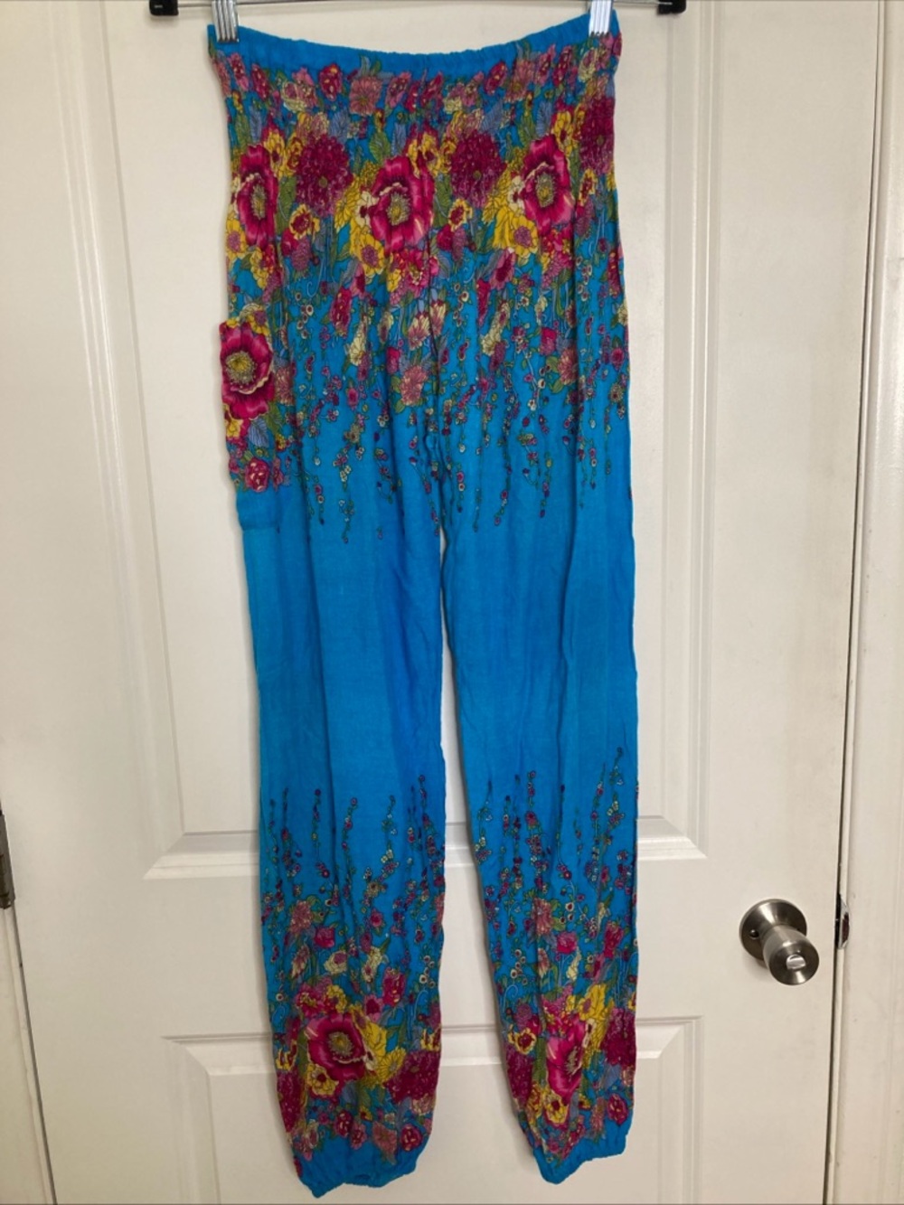 Harem Pants Boho Hippie Beach Resort Yoga Lounge Blue Floral Sz S